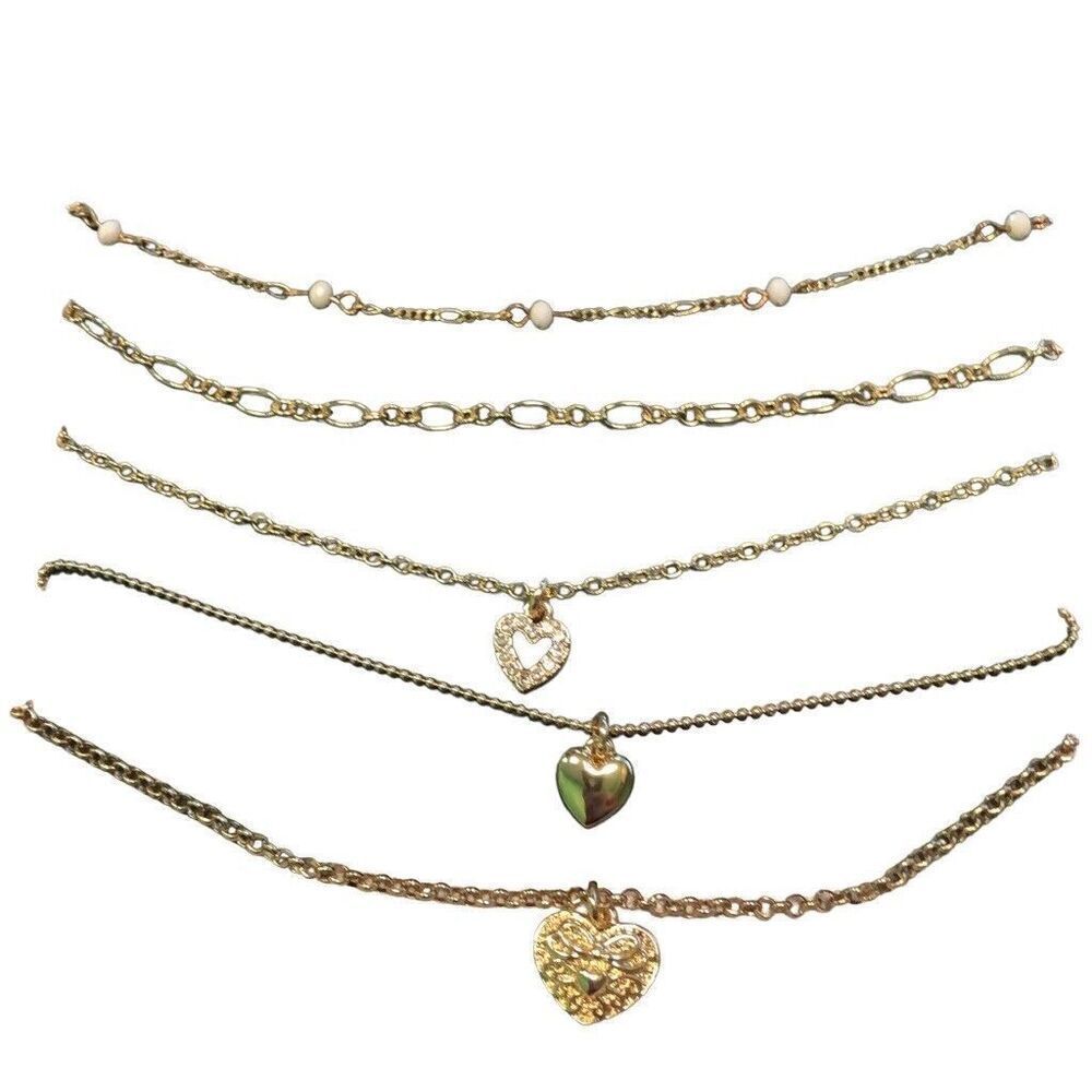 Wild Fable Set of 5 Delicate Gold Tone Necklaces Heart Charm Crystal Pearls New - Picture 7 of 7
